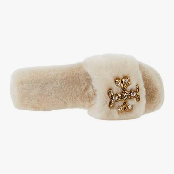 Tory Burch Jeweled Double T Shearling Fur Slide sandals NEW Size 8 - Picture 5 of 15